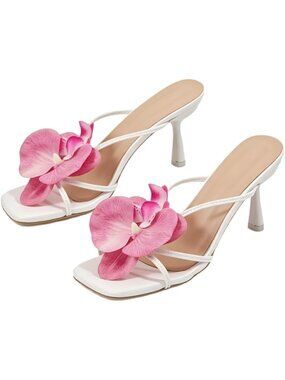 Women's Hot Pink Open Toe Floral Kitten Heels Flower Summer Beach Sandals Heel